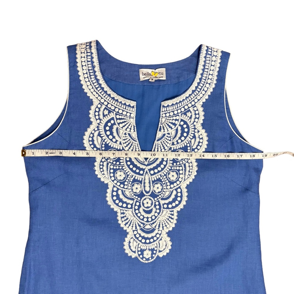 Bella Tu Sleeveless Shift Dress With White Embroidery - 100% linen. - Picture 8 of 10